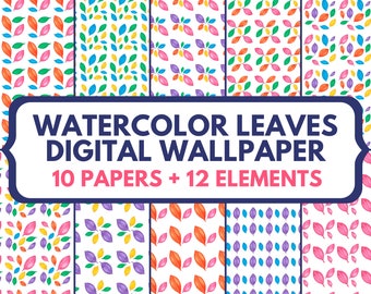 Acuarela colorida deja fondos de pantalla digitales / fondos de pantalla de acuarela / patrones sin costuras / patrones de acuarela / papeles digitales