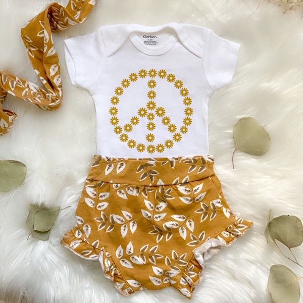 Flower Peace Sign Onesie | Girls Baby Clothes | Newborn Boho Girl | Shower Gift Idea | Mustard | Floral Onsie - shorts not included!