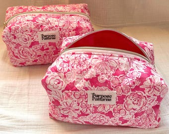 pink floral quilted beauty tote | 100% cotton | flower zipper pouch | makeup bag | handmade in USA | accessories | gifts | purpose patterns