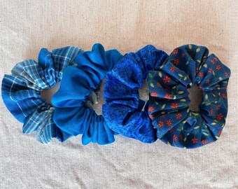 floral & plaid blue scrunchie set | cotton scrunchies | hair ties | made in USA | hair elastics | handmade scrunchies | gift