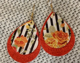 Floral and Stripes Faux Leather Drop Earrings