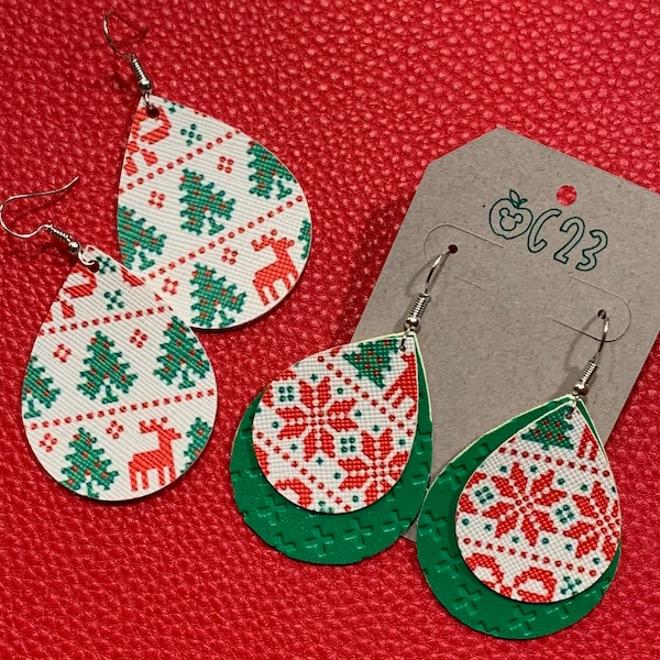 Christmas Sweater Faux Leather Drop Earrings