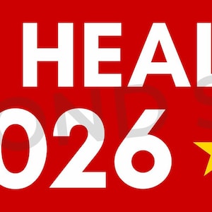 May include: A red banner with white text that reads "DUMP HEALEY 2026". The banner includes three yellow stars and a cartoon illustration of a person in a trash can.