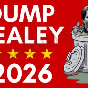 May include: A red background with the words "DUMP HEALEY 2026" in white. The image includes three gold stars and a cartoon of a person in a trash can filled with garbage.