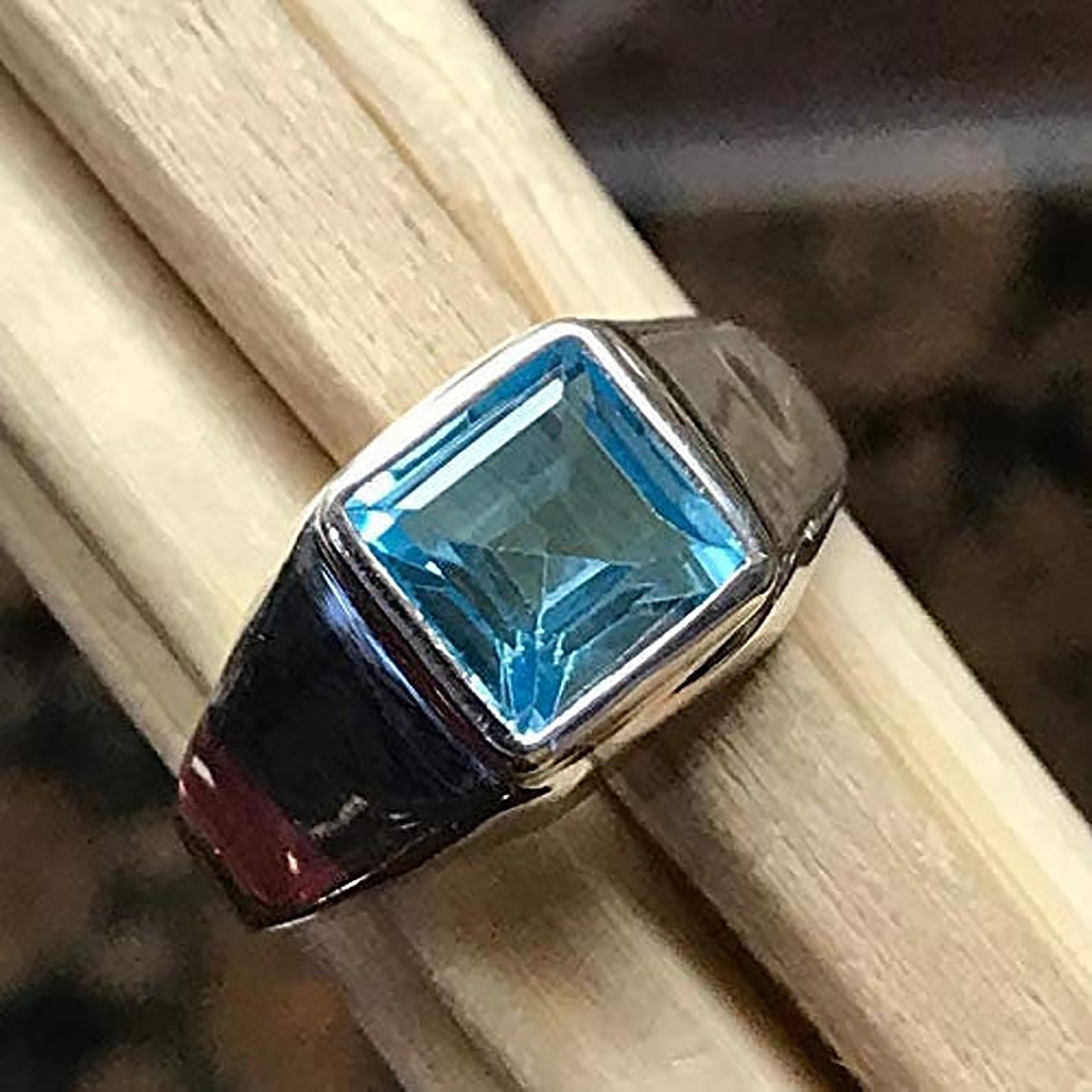 100 Natural Aquamarine Square 925 Sterling Silver Ring Men Etsy