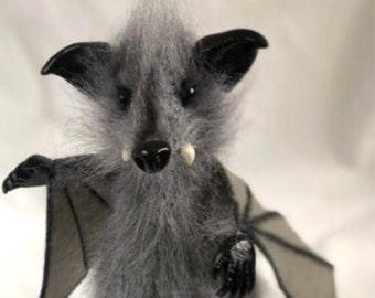 Grey crochet vampire bat creepy scary spooky halloween OOAK Art Doll sculpture gift collectible toy mohair