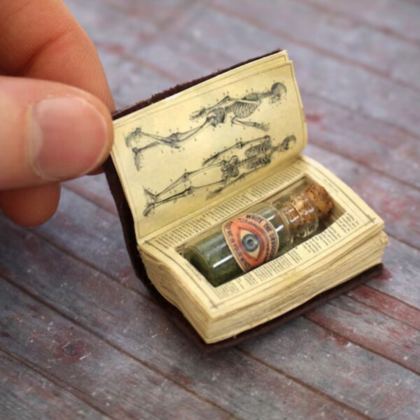 Miniature Antique Open Book with Secret Compartment and Mysterious Bottle --- Handmade Dollhouse Accessory