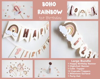 May include: A large bundle of boho rainbow themed party decorations for a 1st birthday. The bundle includes a happy birthday banner, a highchair banner, a cake topper, 12 cupcake toppers, a milestone garland, and a party hat. The decorations are in shades of brown, pink, and gold.