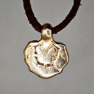 May include: A metallic pendant with an irregular, organic shape and a polished gold-tone finish, featuring a central embossed design. The pendant is suspended from a dark brown, textured cord that loops through a small bail at the top.
