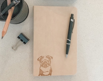 Pug Journal or Notebook - A5, Hardcover, PU Leather, 100gsm Lined Pages, Bookmark (Three Colours)