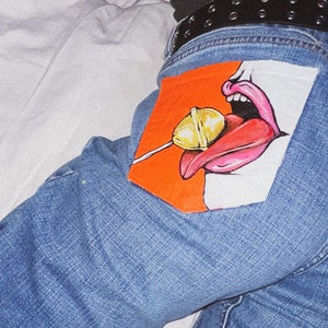 Gift |Custom Jeans| Womens Painted Pocket Jeans | Vintage Jeans| Levi Jeans| &quot;Yummy&quot; | Bootcut Jeans | Painted Jeans | Pop Art | Blue Jeans