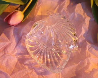 Può includere: Un portaoggetti in vetro trasparente a forma di conchiglia, su uno sfondo di carta velina rosa stropicciata.