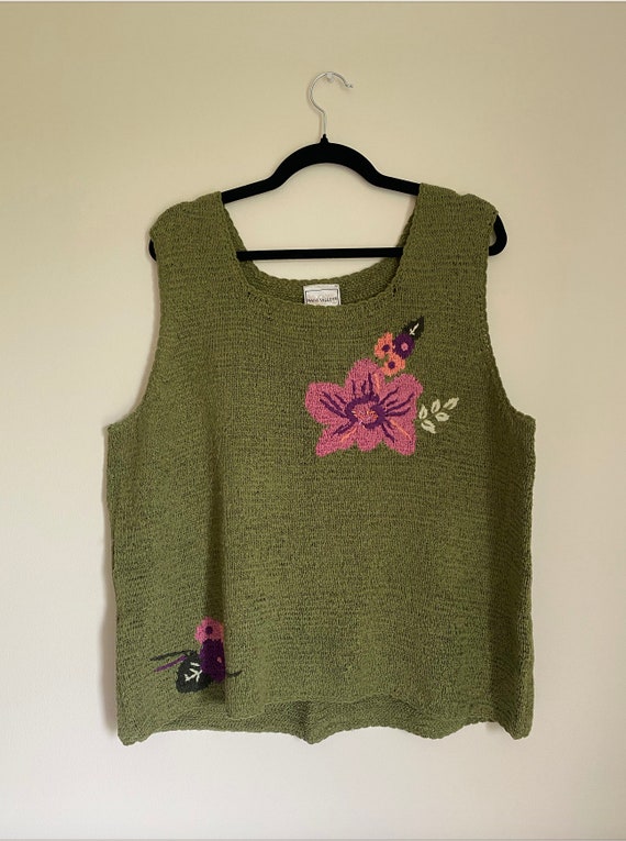 1990s Vintage Green Floral Knit Vest (size 2X)