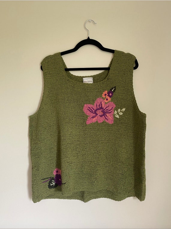 1990s Vintage Green Floral Knit Vest (size 2X) - Etsy