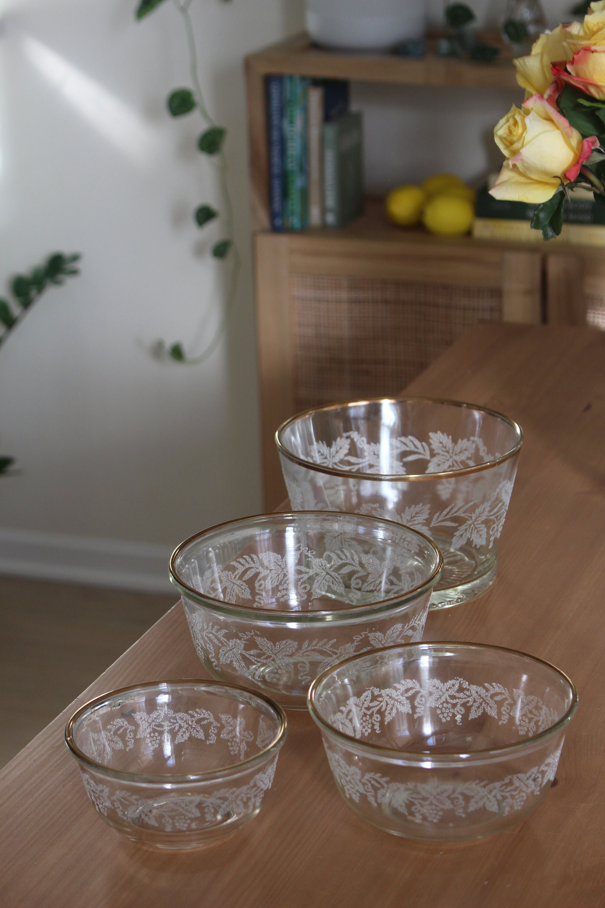 1947 Bartlett Collins Glass 4-Bowl Set with Gold Trim and Grapevine Design