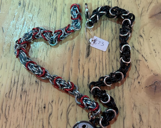 Red, Silver & Black Half and Half Byzantine Necklace With Pendant 18”