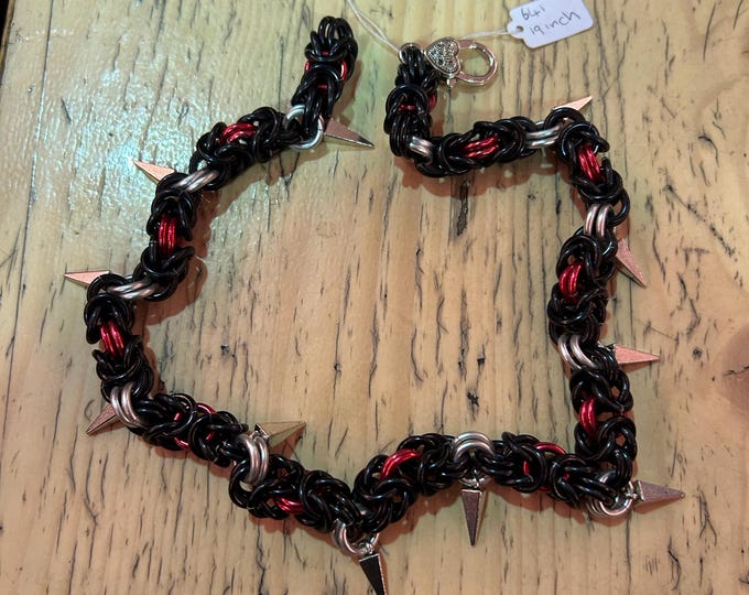 Black, Red & Silver Byzantine Necklace With Spikes 19”