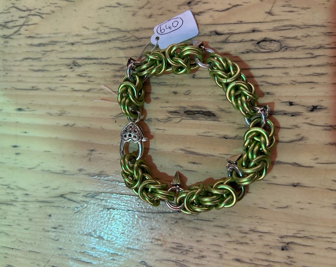 Green & Silver Byzantine Bracelet With Spikes 7.5”