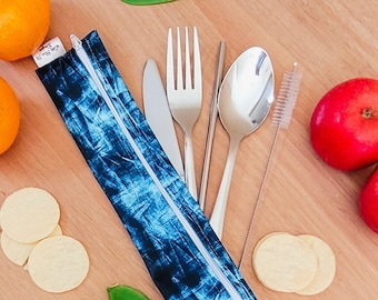 Personalized Reusable Cutlery & Reusable Straw waterproof Pouch On the go Travel Essentials zero waste gifts  Denim