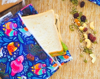 Reusable Food Bag alternative to Plastic & silicone | Zero waste sandwich Washable Food Pouch Snack Bags  Birds of Australia