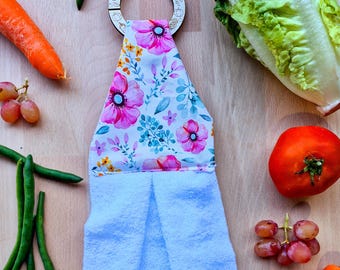 Modern Kitchen Hanging Hand Towel for Laundry, caravan, bathroom. 100% cotton with a timber disk Summertime pretty flowers