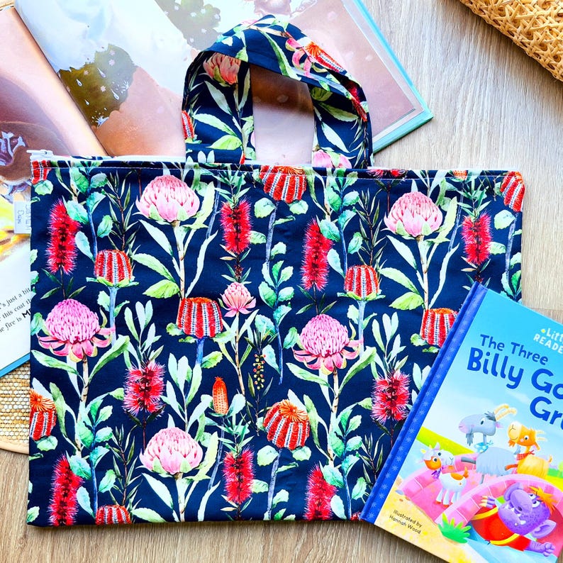 Bolsa de biblioteca para la vuelta al cole para niños y niñas, bolsa para libros prestados con cremallera, bolsa de mano para libros de niños y niñas. Navy Natives