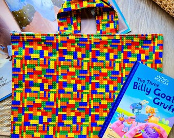 Library Bag for Back to School for kids and children, borrowed book back with zipper, Tote bag for books blocks