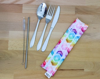 Personalized Reusable Cutlery & Reusable Straw waterproof Pouch On the go Travel Essentials zero waste gifts  xo bright fun pink