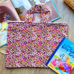 Sac de bibliothèque pour la rentrée des classes pour les enfants et les enfants, dos de livre emprunté avec fermeture éclair, sac fourre-tout pour livres Daffy fleurs roses