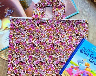Bibliothekstasche für den Schulanfang für Kinder und Kinder, geliehene Buchrückseite mit Reißverschluss, Taschentasche für Bücher Daffy rosa Blumen
