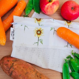 lightweight cotton reusable produce bags | farmer market fruit and vegetable bags with zipper | fridge food storage & great gifts Sunflower