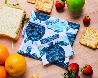 Reusable Food Bag alternative to Plastic & silicone | Zero waste sandwich Washable Food Pouch Snack Bags Sea Turtle blue