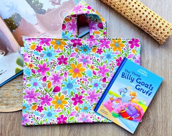 Library Bag for Back to School for kids and children, borrowed book back with zipper, Tote bag for books Pretty in pink flowers