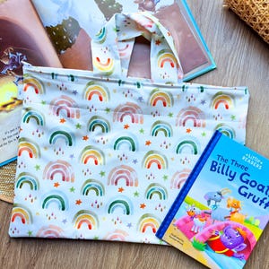 Sac de bibliothèque pour la rentrée des classes pour enfants et enfants, dos de livre emprunté avec fermeture éclair, sac fourre-tout pour livres Fille arc-en-ciel