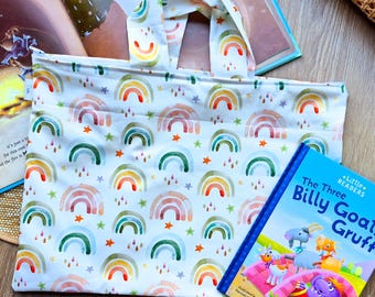 Bolsa de biblioteca para la vuelta al cole para niños y niñas, bolsa para libros prestados con cremallera, bolsa de tela para libros Rainbow Girl