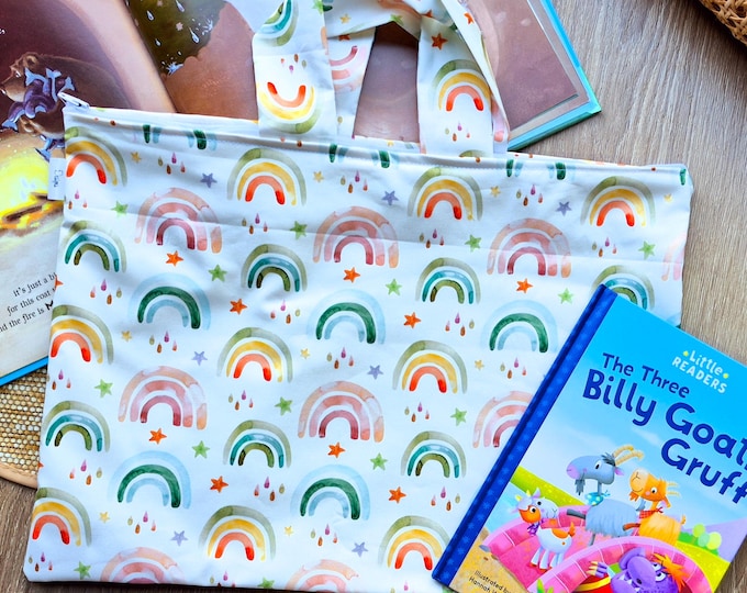 Library Bag for Back to School for kids and children, borrowed book back with zipper, Tote bag for books Rainbow girl