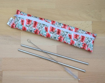 Reusable Straw Pouch Set, Travel, stainless straw, Work, bag, tropical, bottlebrush Australian Flowers