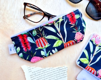 Glasses cases, Sunglasses pouch, spectacles cases, fabric padded sleeve for eyeglasses holder Navy Native flowers