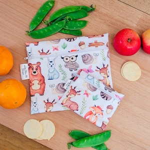 Sac alimentaire réutilisable alternative au plastique et au silicone | Sandwich zéro déchet Pochette alimentaire lavable Sacs à collation Amis de la forêt