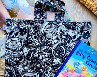 Library Bag for Back to School for kids and children, borrowed book back with zipper, Tote bag for books  turbo boy black car