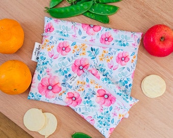 Reusable Washable Snack Bags Replace Zip Lock Bags  Kids Lunches - Food Pouch Summertime Flowers Girl Bright Work