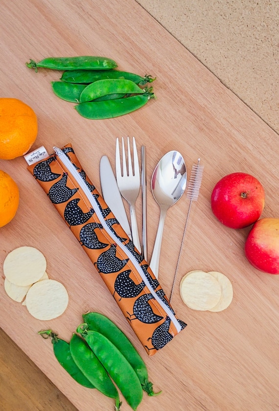 Personalized Reusable Cutlery & Reusable Straw waterproof Pouch On the go Travel Essentials zero waste gifts  Flappy Chickens