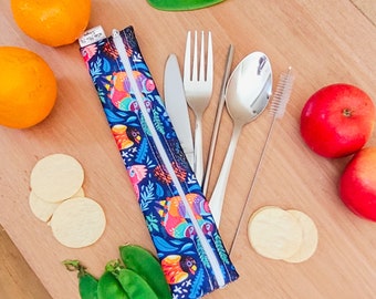 Personalized Reusable Cutlery & Reusable Straw waterproof Pouch On the go Travel Essentials zero waste gifts Bird Australia