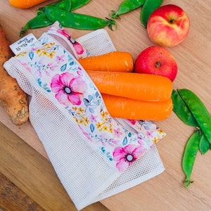 lightweight cotton reusable produce bags | farmer market fruit and vegetable bags with zipper | fridge food storage & great gifts Summertime