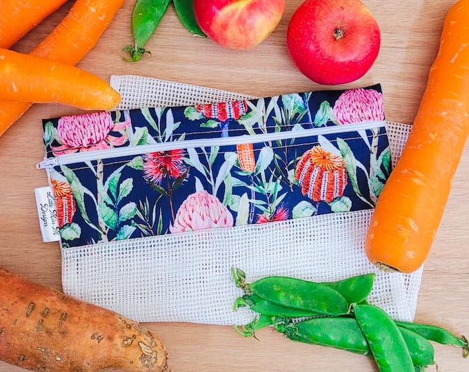 lightweight cotton reusable produce bags | farmer market fruit and vegetable bags with zipper | fridge food storage & great gift Navy Native