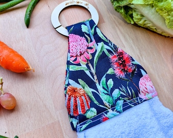 Modern Kitchen Hanging Hand Towel for Laundry, caravan, bathroom. 100% cotton with a timber disk navy native flowers