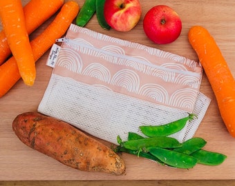 lightweight cotton reusable produce bags | farmer market fruit and vegetable bags with zipper | fridge food storage & great gifts Omeo