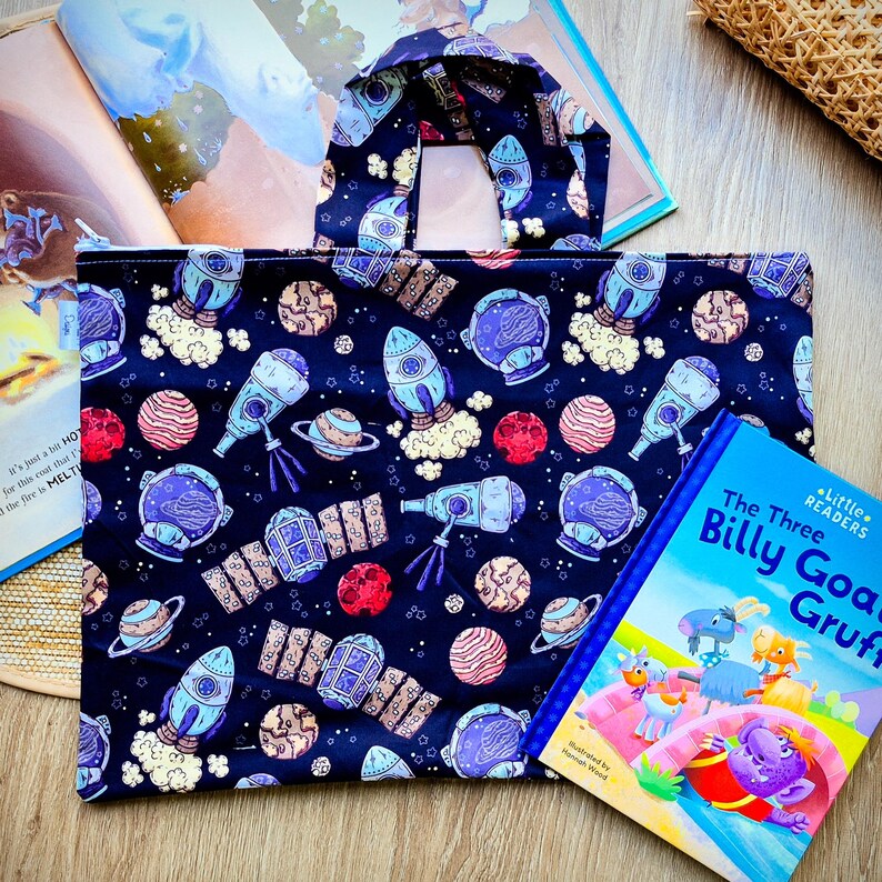 Bolsa de biblioteca para la vuelta al cole para niños y niñas, bolsa para libros prestados con cremallera, bolsa de mano para libros de niños y niñas. space