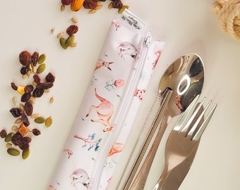 Personalized Reusable Cutlery & Reusable Straw waterproof Pouch On the go Travel Essentials zero waste gifts Australian Animals