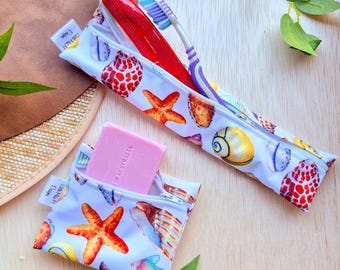 Travel Soap waterproof bag | travelling essential pouch zero waste reusable  case with Toothbrush holder ocean Sea shells